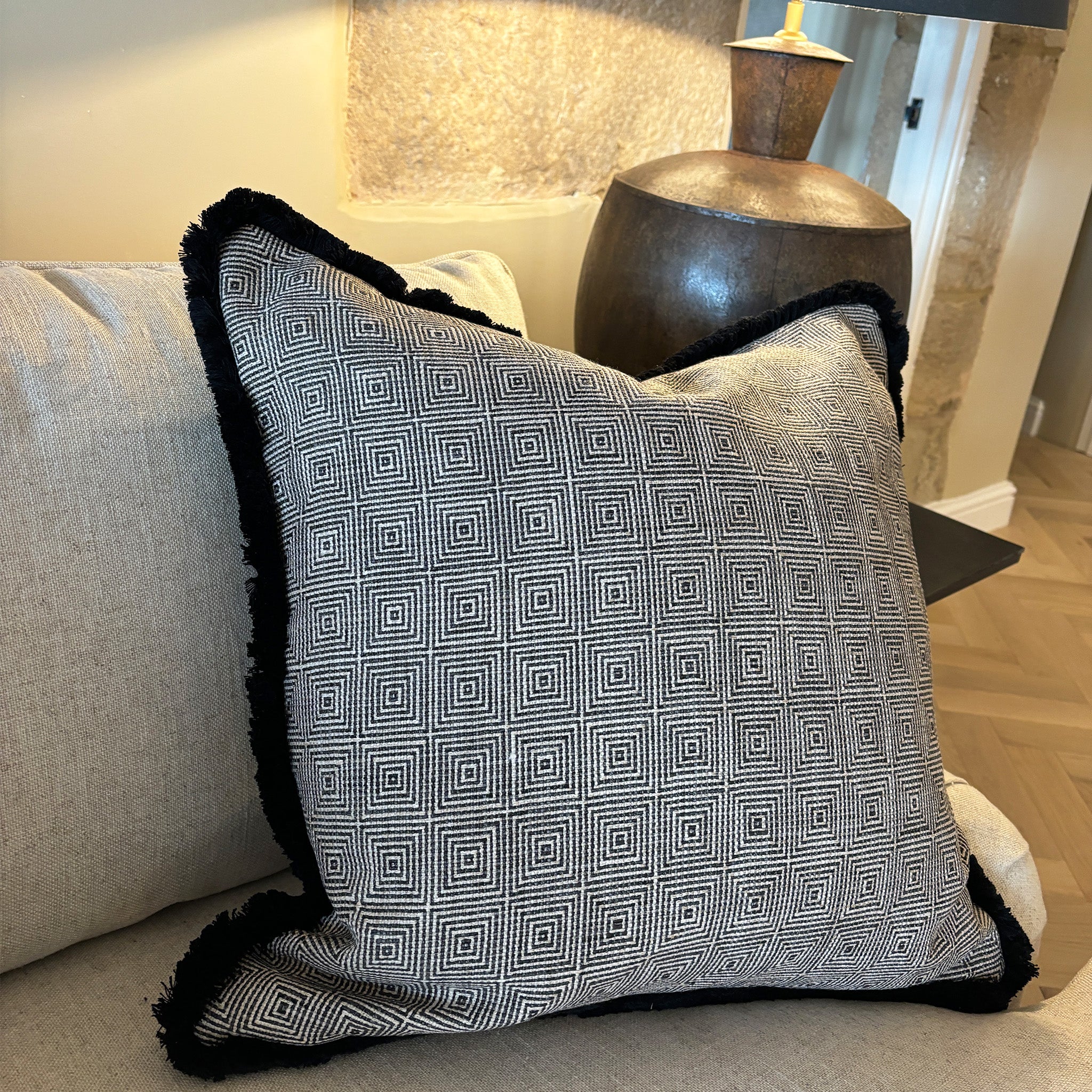 Black and White Geometric Patterned Cushion with Black Piping